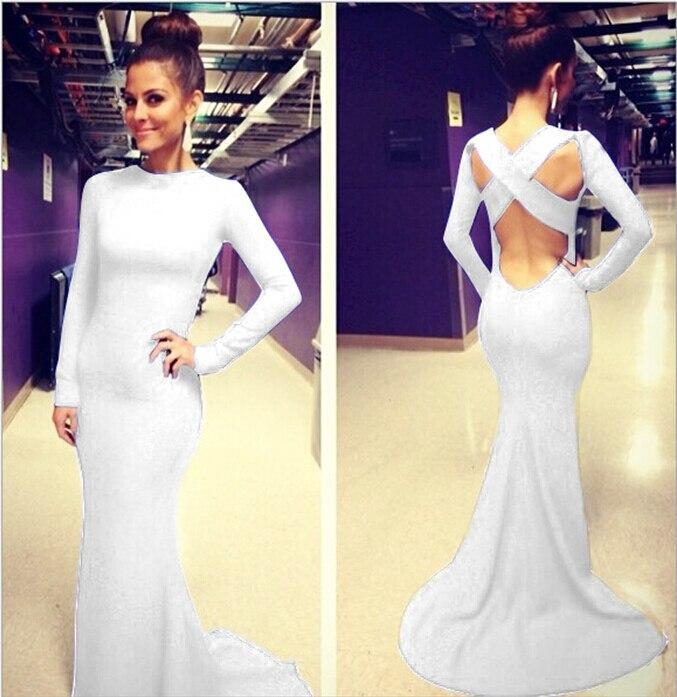 Open Back White Prom Dresses With Long Sleeves Tight Backless Royal Blue Prom Gown