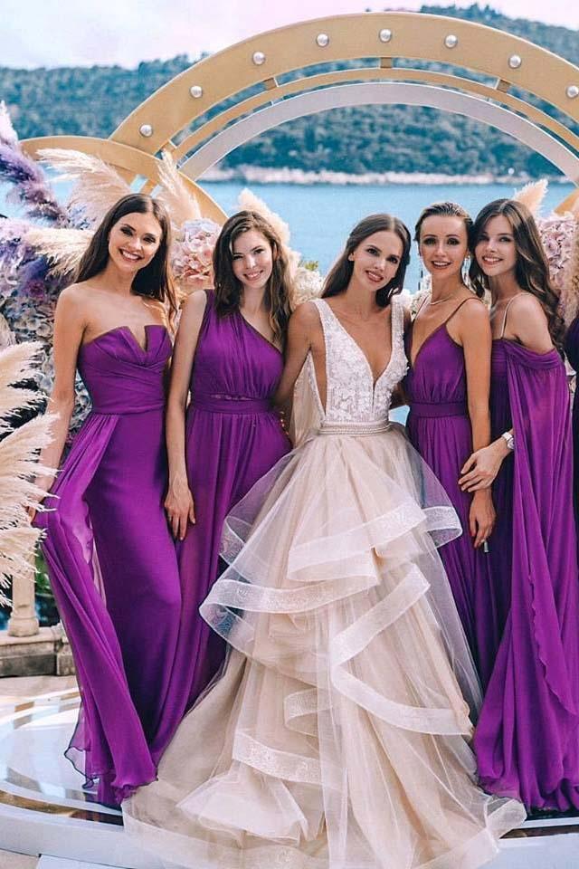 New Styles Purple Chiffon Bridesmaid Dresses Long Ruffles Bridesmaid Gowns