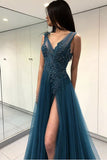 Blue Scoop Appliqued Sexy Side Slit Long Formal Lace Prom Dresses
