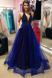 Modest Unique Royal Blue And Purple V-neck Beading Long Prom Dresses With Pockets