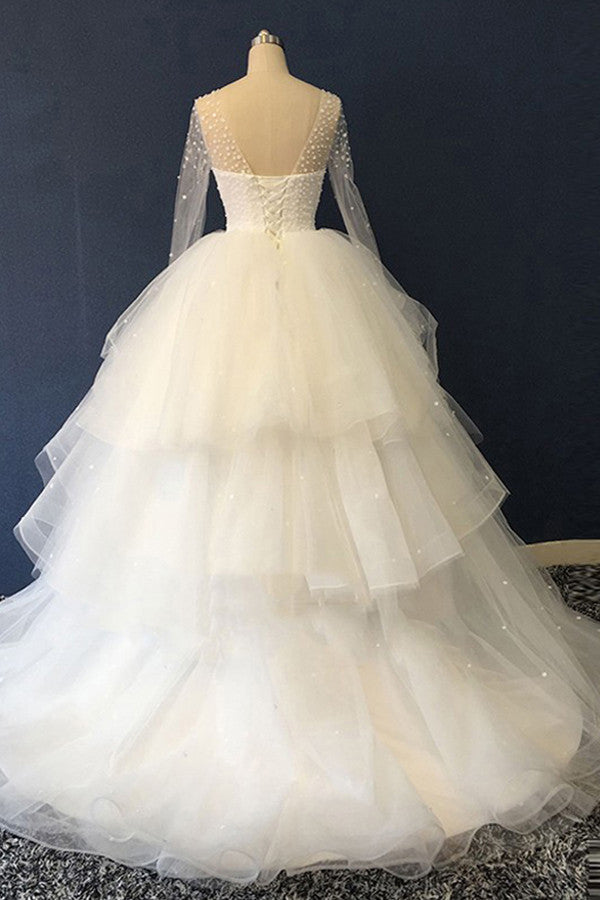 Unique White Multi-layer Beaded Ball Gown Wedding Dresses