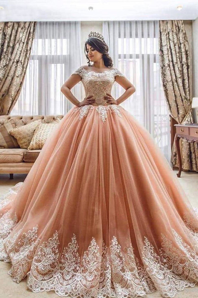 Off the Shoulder Ball Gowns Prom Dresses Lace Appliques Tulle Pink Quinceanera Dresses