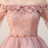 Off the Shoulder Short Sleeve Pink Above Knee Beads Flowers Lace up Homecoming Dress
