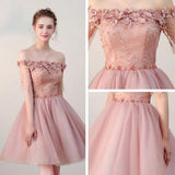 Off the Shoulder Short Sleeve Pink Above Knee Beads Flowers Lace up Homecoming Dress