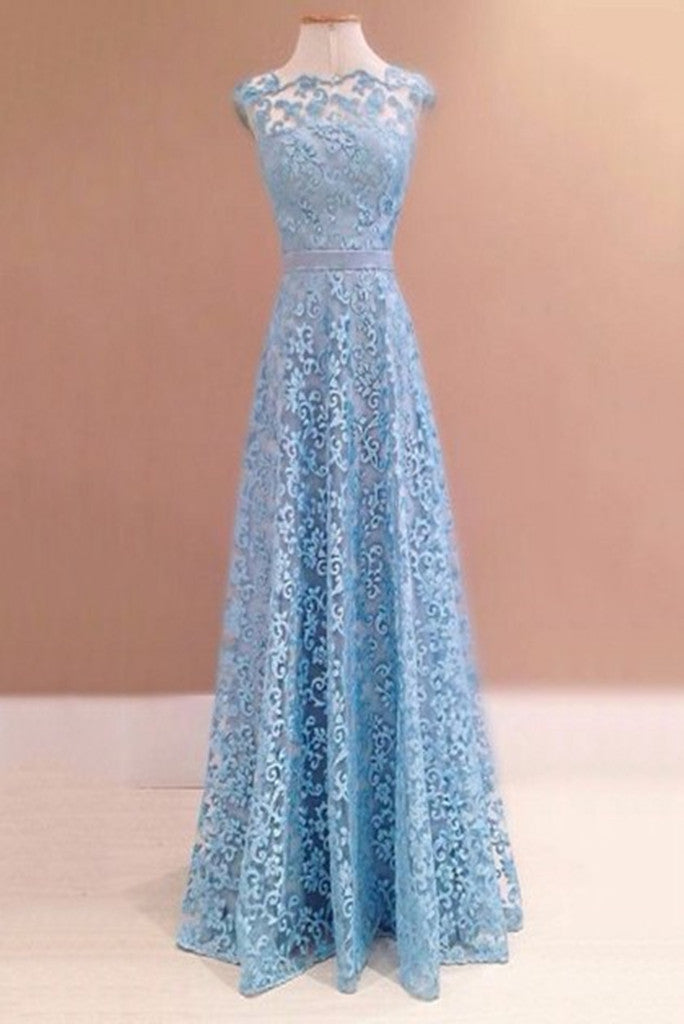 Elegant A Line Lace Appliques Long Blue Open Back Prom Dresses Homecoming Dresses
