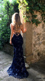 Mermaid Deep V Neck Royal Blue Lace Appliques Backless Spaghetti Straps Prom Dresses