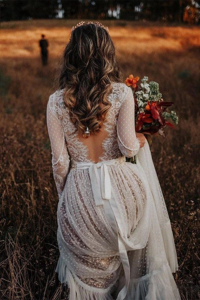 Polka Dot Long Sleeve Boho Wedding Dresses Lace Bohemian Backless Wedding Gowns
