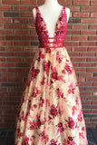 Princess A Line Lace V Neck Red Floral Sexy Long Prom Dresses Simple Evening Dresses