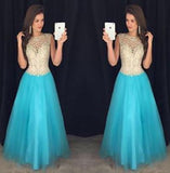 Pd61128 Charming Scoop Tulle Cap Sleeve Open Back High Neck Beads Long Prom Dresses