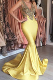 Yellow satins gold lace applique V-neck see-through slim-line long dress mermaid Evening