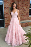 Pink lace V-neck modest handmade graduation dress prom
