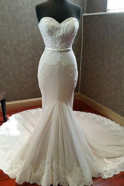 Elegant ivory lace tulle sweetheart mermaid dress floor-length Wedding dresses