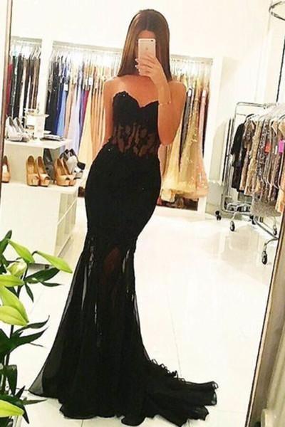 Sexy black tulle lace sweetheart mermaid long train evening