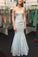 Elegant light blue lace sweetheart mermaid long prom dress strapless homecoming