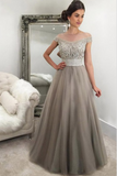 Gray tulle beading off-shoulderA-line long prom