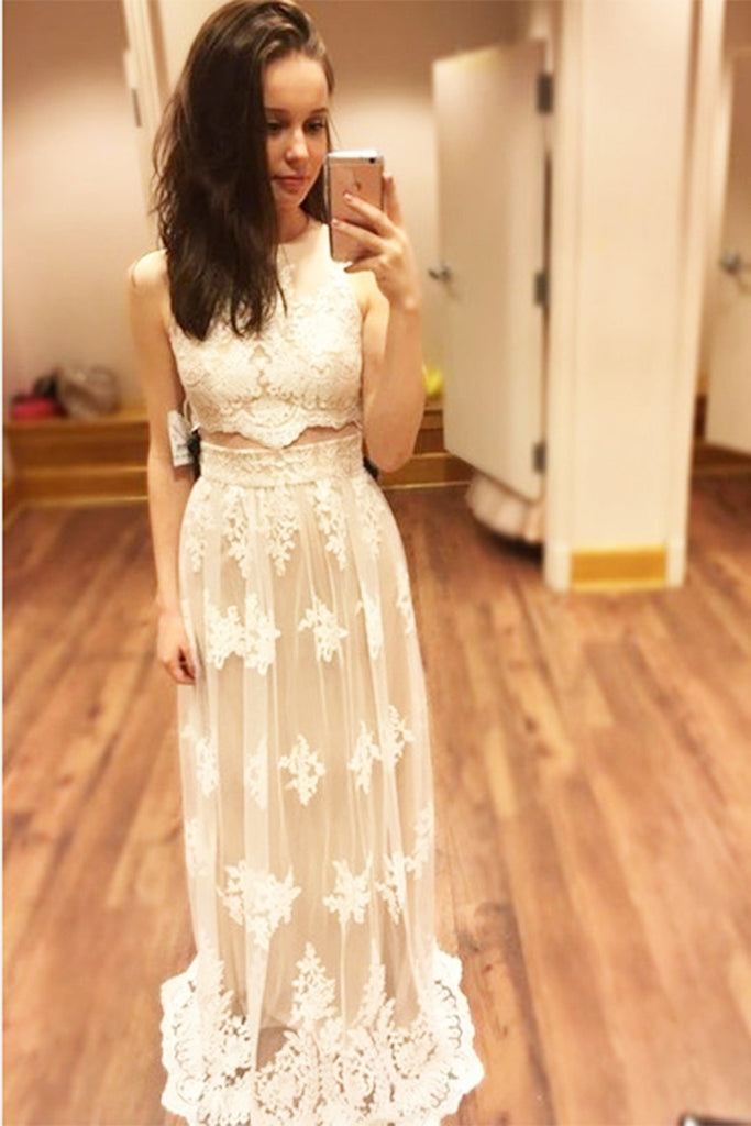 White lace round neck long prom dressï¼elegant dress for