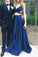 Dark blue chiffon long evening dresses sexy V-neck