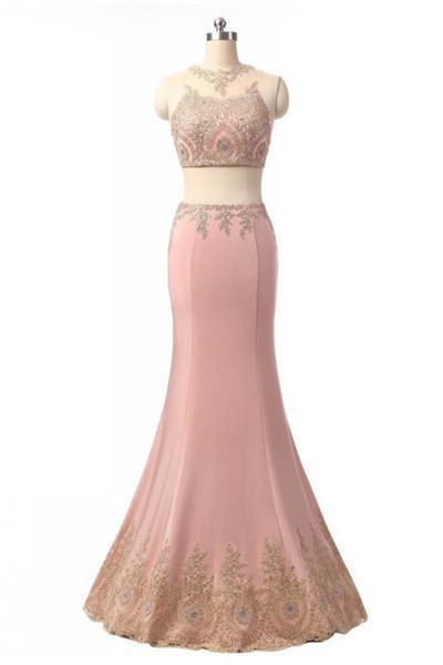 Elegant pink chiffon lace see-through two pieces evening formal