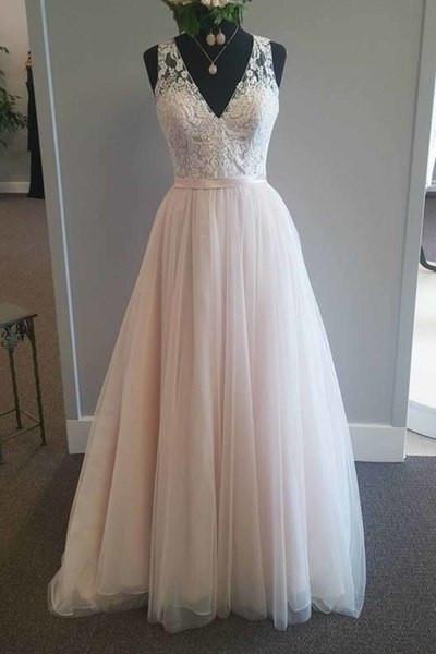 Pretty pink tulle lace v-neck A-line long dress prom dress for