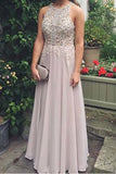 Elegant chiffon lace round neck sequins evening dresses long prom