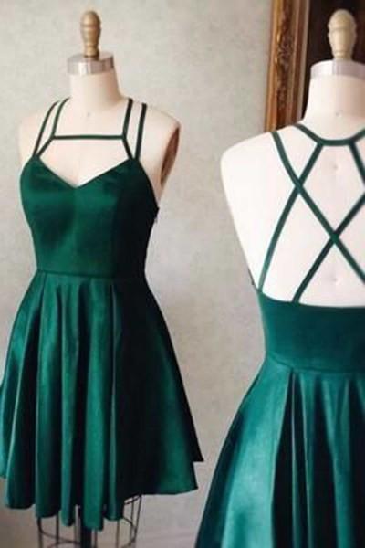 Green satins short dresses sexy open back mini party dresses