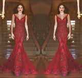 Gorgeous Red Mermaid V-neck Backless Prom Dresses with Beading Appliques For Spring Teens
