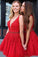 Cute Red Lace Appliques Homecoming Dresses V Neck Tulle Above Knee Short Prom Dress