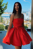 Cute Red Satin Strapless Above Knee Homecoming Dresses with Belt Short Cocktail Dresses