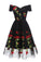 Retro Off the Shoulder V Neck Tulle Black Short Sleeve Party Dress with Red Flowers
