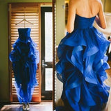 High Low Royal Blue Organza Prom Gowns Strapless Evening Dresses For Teens Brides