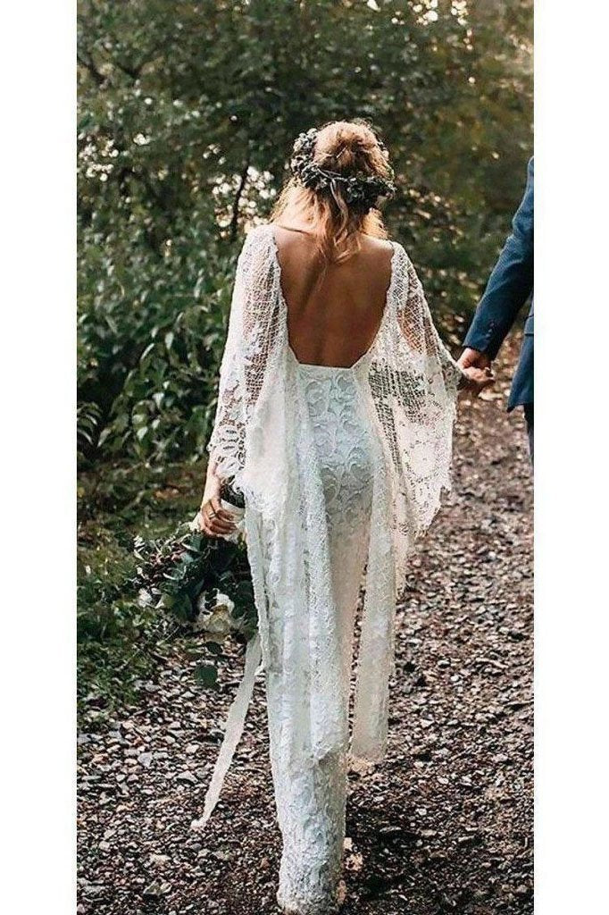 Rustic Batwing Sleeve Lace Ivory Wedding Dresses Ivory Sheath Boho Wedding Dresses