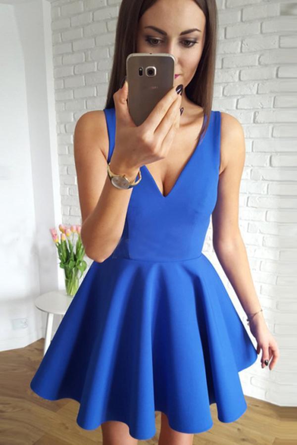 Cute Royal Blue Satin A Line V-Neck Short Homecoming Dress with Ruched Graduation Dress