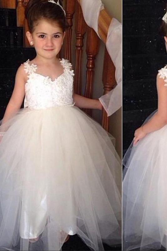 Ivory Sweetheart Lace Top Cute Tulle V Back Bowknot Flower Girl Dresses