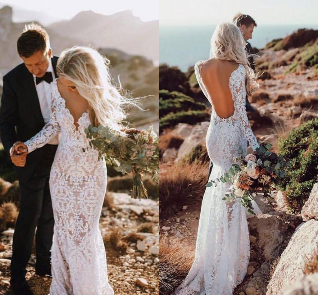 See Through V Neck Lace Rustic Wedding Dresses Long Sleeve Mermaid Wedding Dress
