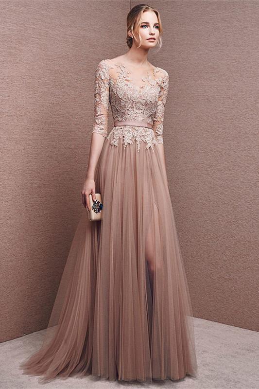 Elegant long lace long sleeve prom dress a line prom dress charming affordable prom dress