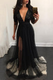 Elegant A Line Sequins Black Tulle V Neck Mesh Patchwork Pleated Maxi Prom Dresses
