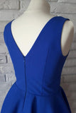 Cute Royal Blue Satin A Line V-Neck Short Homecoming Dress with Ruched Graduation Dress