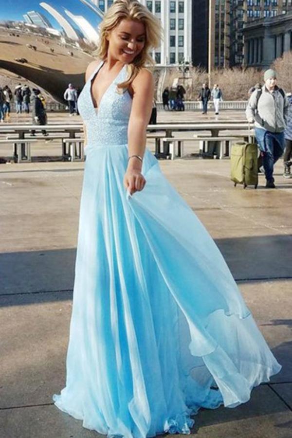Elegant A-Line Deep V-Neck Blue Chiffon Sequins Sleeveless Prom Dresses