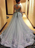 High Neck A-line Long Sleeve Tulle Appliques Sweep Train Long Prom Dresses