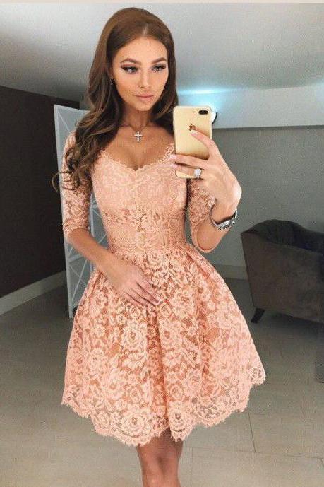 Half Sleeve Lace Appliques Sweetheart Homecoming Cocktail Dresses