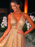 Sparkly Gold V Neck A-line Long Prom Dresses Evening Dresses