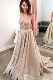 Elegant Sparkly V Neck Open Back Sequin Shiny Long Sleeveless Prom Dresses
