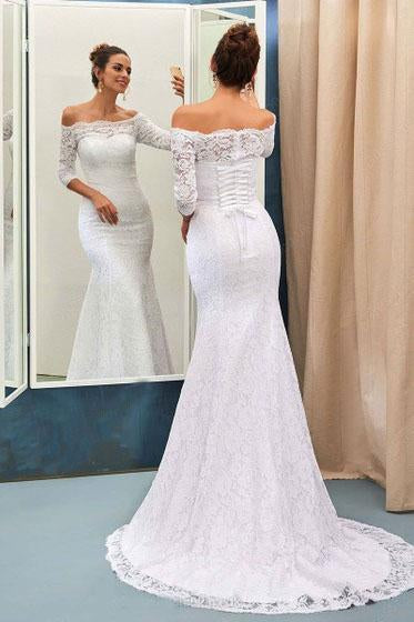 Mermaid Off-the-Shoulder Lace Sweep Train 3/4 Sleeve Top Lace-up Wedding Dresses