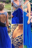 V-Neck Prom Dresses Dark Royal Blue A Line Chiffon With