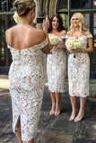 Unique Mermaid Off the Shoulder Ivory Lace Sweetheart Bridesmaid Dresses with Slit STB15540