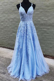 A Line V Neck Long Blue Lace Appliques Prom Dresses, Formal Bridesmaid Dresses STB15042