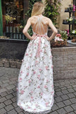 A Line V Neck Spaghetti Straps Flower Lace Long Prom Dresses Party
