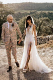 Sexy See Through Thigh Split V Neck Beach Wedding Dresses Beads Tulle Vintage Bridal Dress STB15531
