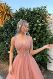 Elegant A Line Tulle Pink V Neck Beads Prom Dresses, Long Evening STB20477