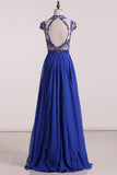 Scoop Prom Dresses Chiffon A Line With Beading Cap Sleeves